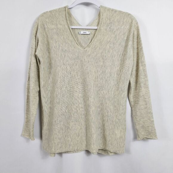 Vince Double V Wool Blend Sweater in Heathered Beige Size Small - Picture 1 of 9